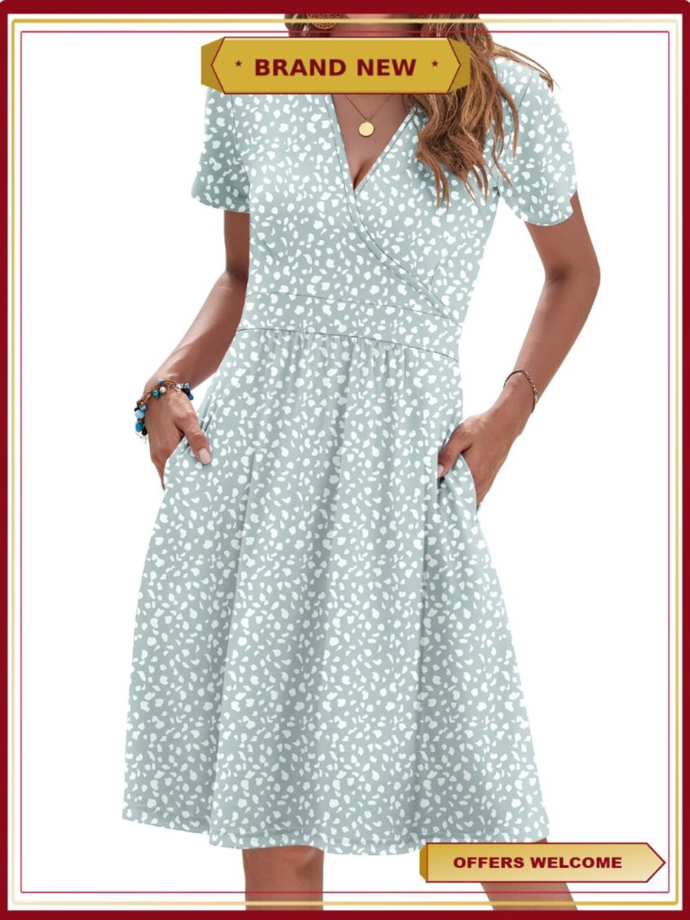 Women Summer Short Sleeve V Neck Floral Pocket Wrap Dress